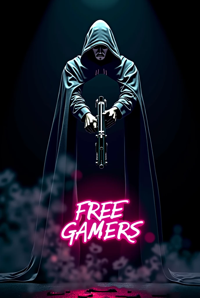 A dark background with a man in a cape with his hands in the middle holding a gun that shines inside , with a sign below that says “FREE GAMERS” The whole image with a touch of neon light