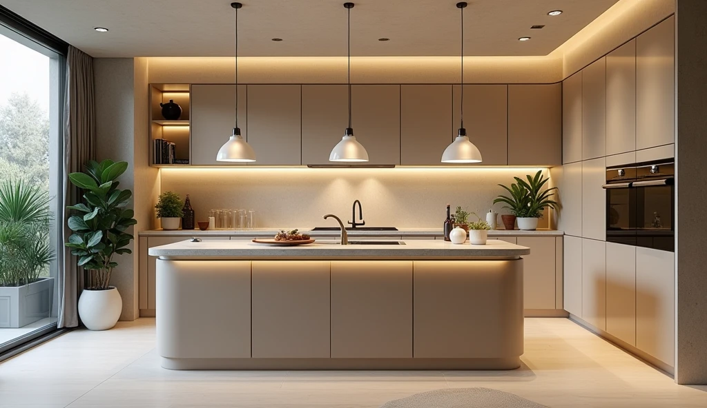 Create a high-quality, elegant minimalist kitchen design in neutral tones with custom-made furniture with glass and visible utensils, LED lighting in the cabinets and a central island with hanging lamps that incorporates green plants in pots.