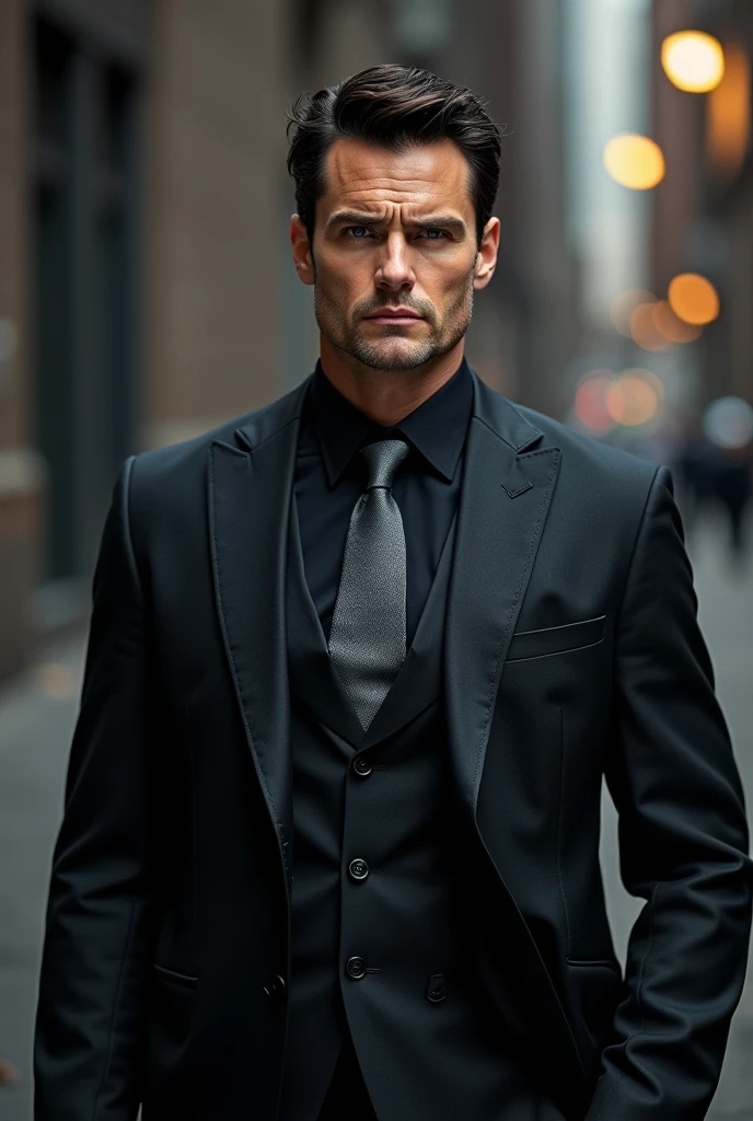 Bruce Wayne is of Caucasian race "Father"(45 years, high, athletically built man with a strong physique. He has short brown hair, often depicted as black or dark brown. Strong build
Muscular torso
Short dark hair
Expressive features
Strong jawline
Fair skin
Blue eyes
Serious expression with a Caucasian appearance, Charisma, expensive suits and looks very well-groomed), дочь и Father