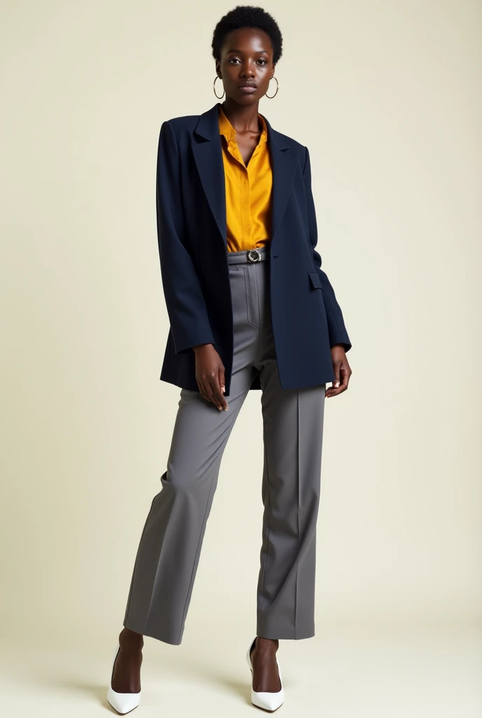 captured with a Sony α7 III camera, young Black American, perfect hourglass body figure, fitted belted blazer Deep navy in color above the hip line, inner Blouse Mustard yellow, straight cut trousers grey in color, white high heels, standing straight, creamy white background.