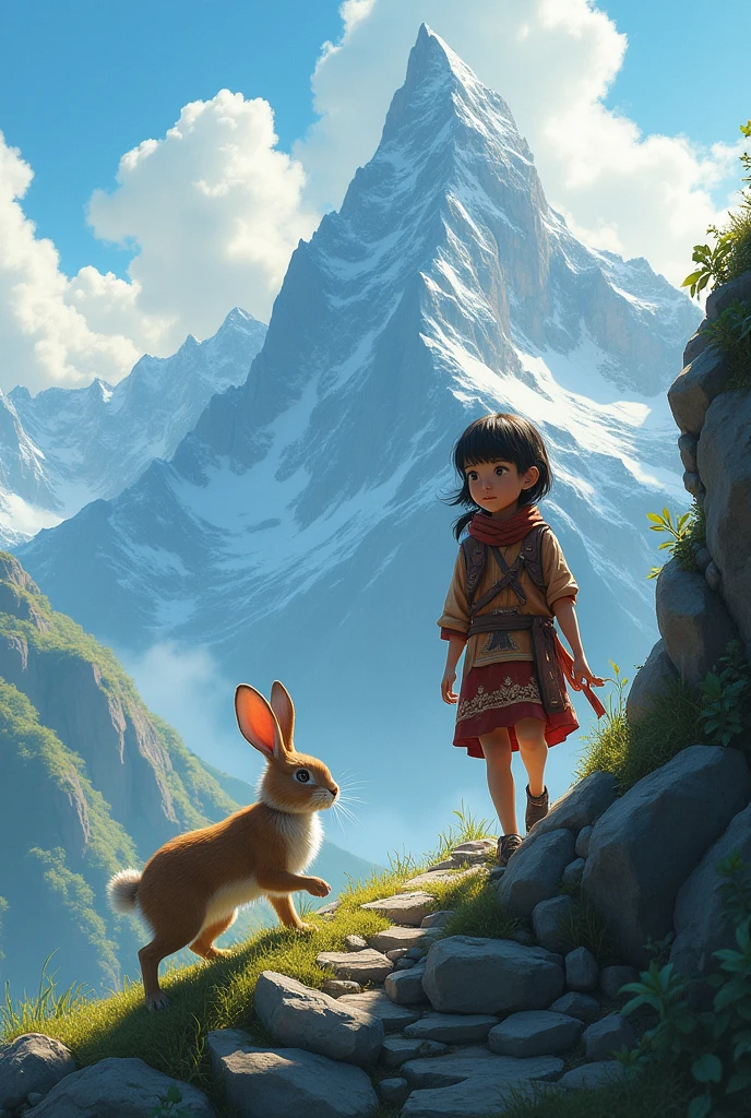 Encouraged by the rabbit, Guddiya pressed on and finally reached the top of the mountain.