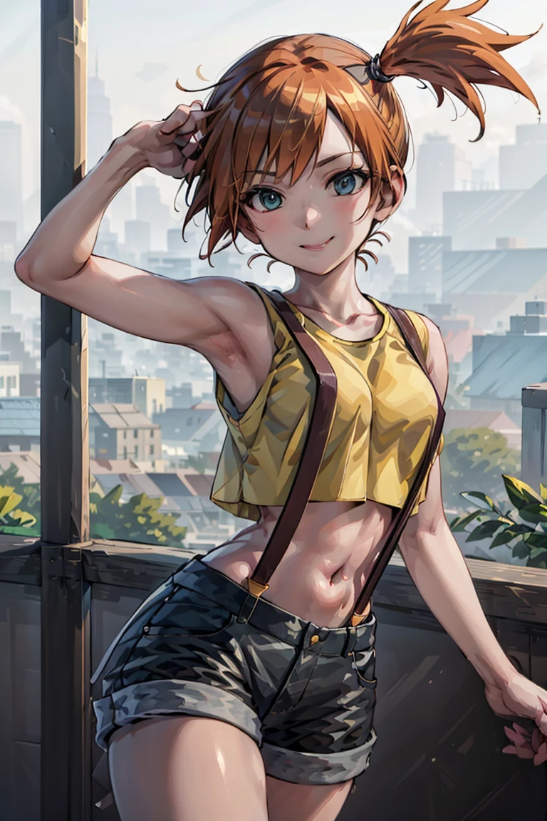 ((masterpiece,best quality)), absurdres,
Misty_Pokemon, yellow crop top, suspenders, side ponytail,
solo, smiling, looking at viewer, cowboy shot,
cinematic composition, dynamic pose,