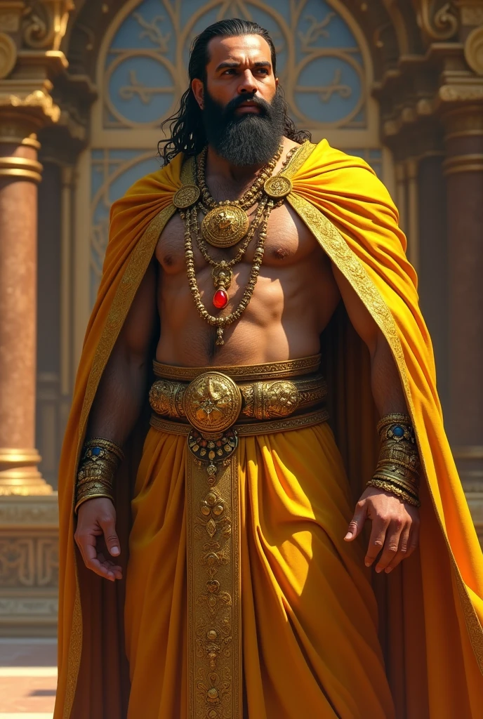 The image depicts a man with a beard and a golden robe, possibly resembling a deity or a religious figure. He is adorned with various jewelry, including a gold necklace with a red stone, a bracelet on each wrist, and another necklace with a pendant. The man is standing in a regal pose, exuding a sense of power and authority. The background suggests a temple or sacred space, adding to the aura of reverence surrounding the figure. The color palette consists of earthy tones like brown and gold, enhancing the overall majestic appearance of the scene.