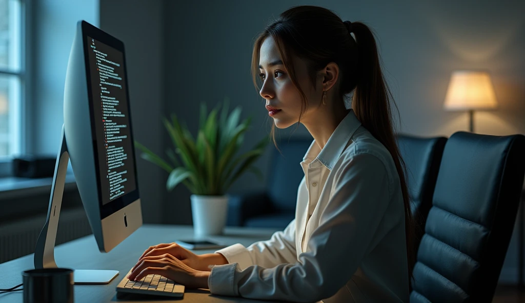 A pretty woman is using a computer and a video、He seems to be lost in thought.