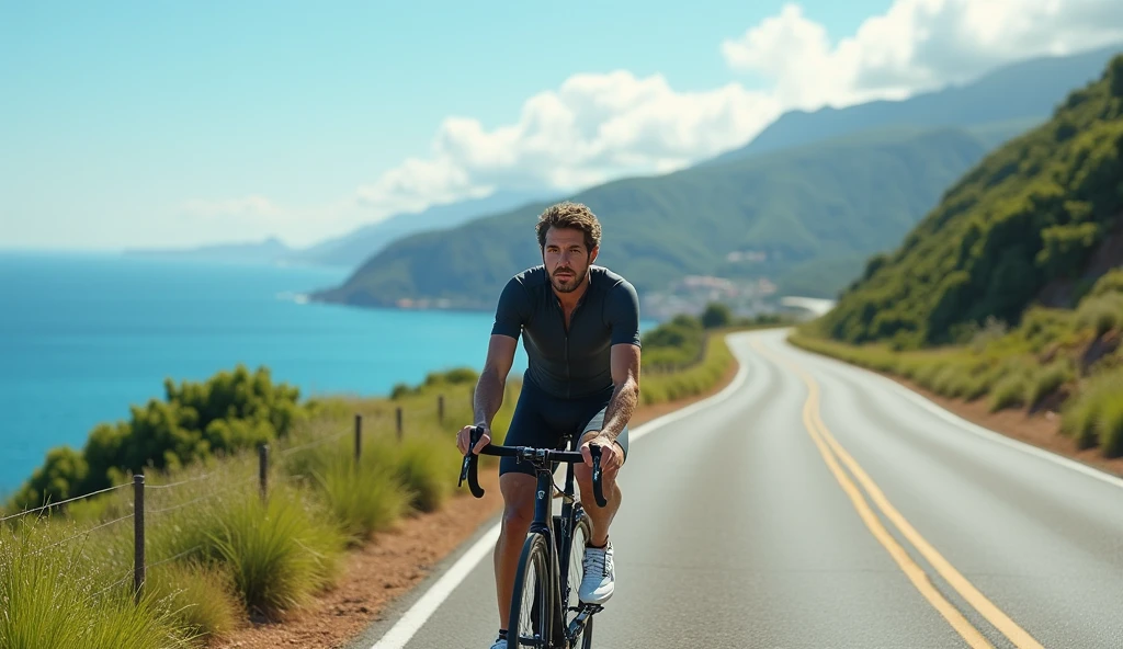 a man riding a bicycle along a coastal road, (best quality,4k,8k,highres,masterpiece:1.2),ultra-detailed,(realistic,photorealistic,photo-realistic:1.37),detailed description of the man's face and features, detailed clothing, man riding a bicycle, coastal road, ocean, blue skies, sunny day, landscape, seascape, detailed scenery, detailed environment, cycling, outdoor activity, Honda Hiroshi, Okada Hanko, Torii Kiyomoto, crossing the blue horizon, (best quality,4k,8k,highres,masterpiece:1.2),ultra-detailed,(realistic,photorealistic,photo-realistic:1.37)