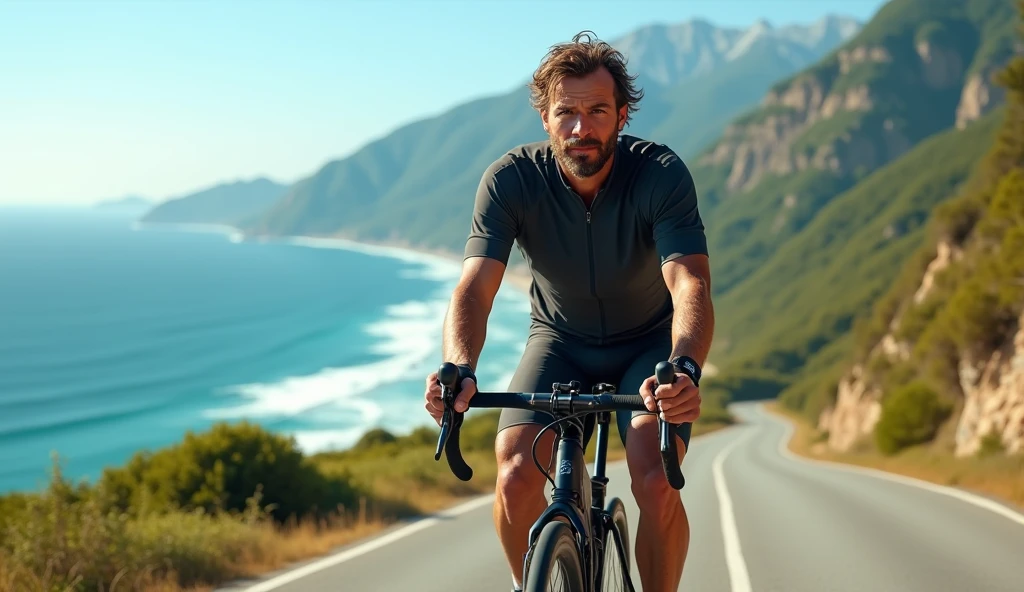 a man riding a bicycle along a coastal road, (best quality,4k,8k,highres,masterpiece:1.2),ultra-detailed,(realistic,photorealistic,photo-realistic:1.37),detailed description of the man's face and features, detailed clothing, man riding a bicycle, coastal road, ocean, blue skies, sunny day, landscape, seascape, detailed scenery, detailed environment, cycling, outdoor activity, Honda Hiroshi, Okada Hanko, Torii Kiyomoto, crossing the blue horizon, (best quality,4k,8k,highres,masterpiece:1.2),ultra-detailed,(realistic,photorealistic,photo-realistic:1.37)