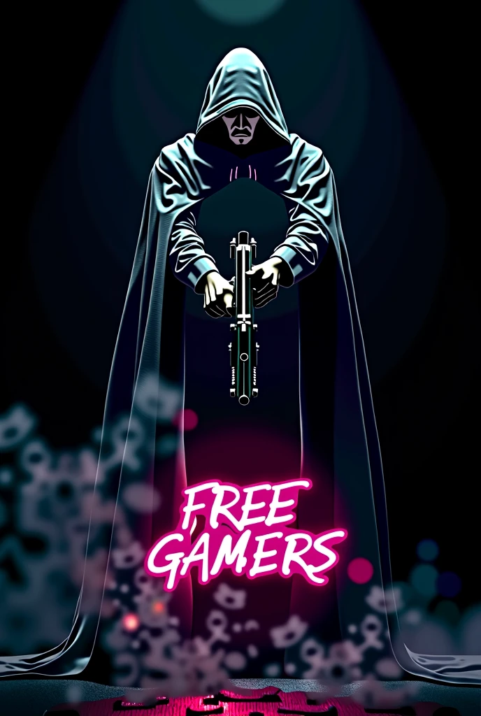 A dark background with a man in a cape with his hands in the middle holding a gun that shines inside , with a sign below that says “FREE GAMERS” The whole image with a touch of neon light
