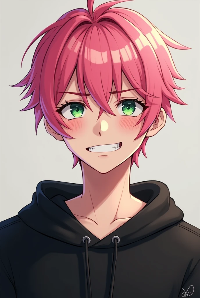 Young adult male around 20 years old, he has straight pink hair, he is dressed in casual black clothes, on his face a mischievous smile that almost closes his eyes which are green in color.