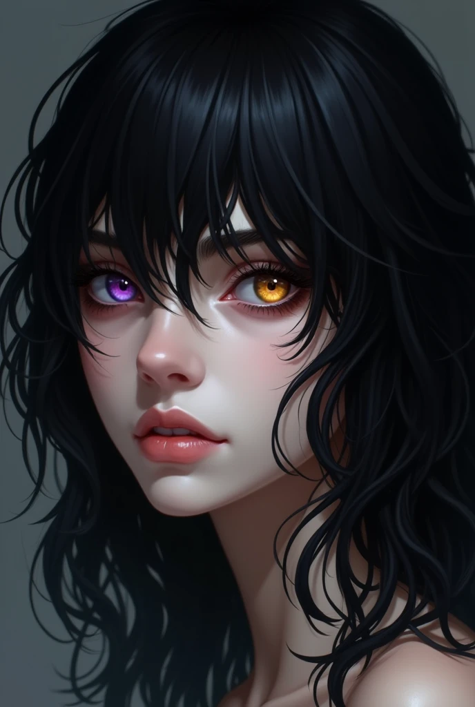 Crow's appearance, she naturally has a rather pale complextion, matched with her black wavy hair and unique eyes her left eye violet and her right eye yellow, and her bangs that always seem to cover her right eye giving her a shy vibe.
