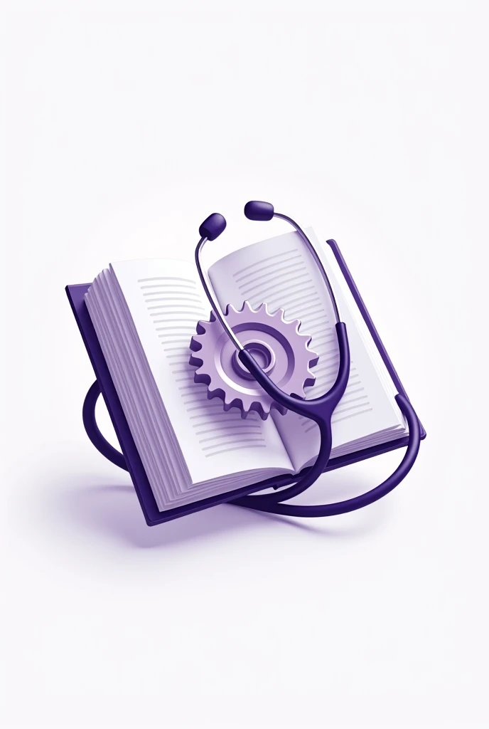 Create a logo so that it represents a book with gears in the center of the logo, with a stethoscope wrapped around the outside. It is important to be in lilac and white colors..