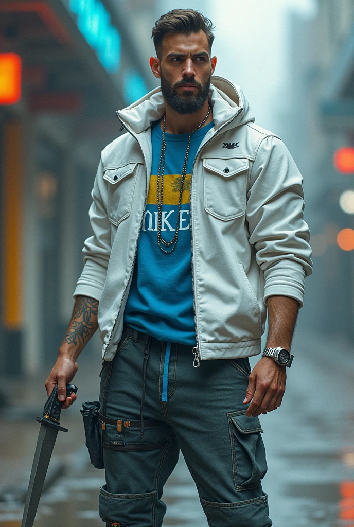Generate a man.
holding one dagger in right hand.
Outfit: White and blue cybordpuck with clear and not hidden print "smokers".
Background realistic