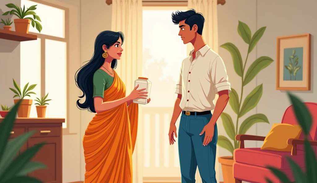 Create an cartoon image of a beautiful women wearing saree in front of her a man standing wearing white shirt and blue pant. Women has dairy in her hand and reading they are standing inside house