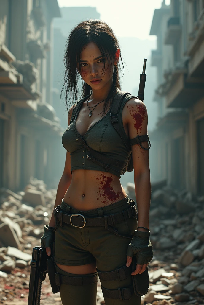 Epic grafict lara croft with shattered blood and at the war from the last of us game