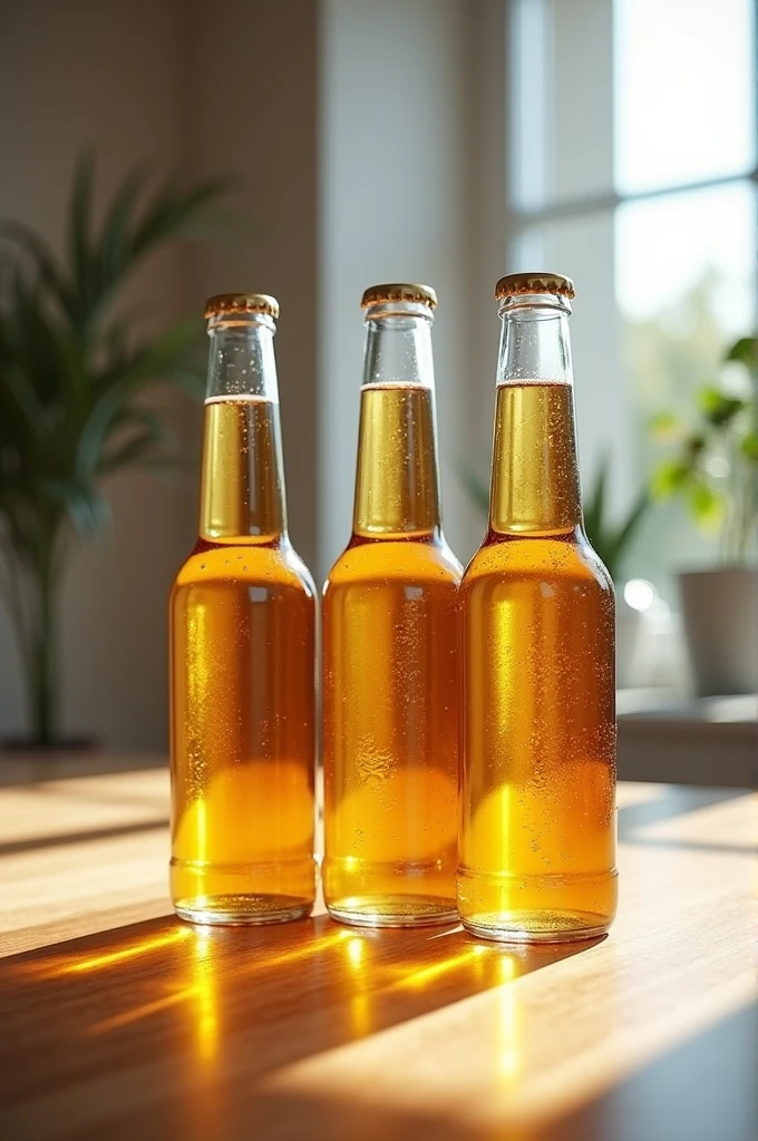 A table with 3 bottles of beer