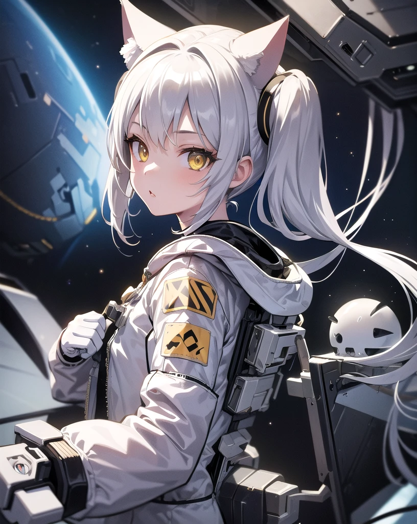masterpiece, best quality, 1girl, spacecraft interior, spacesuit, upper body, from side, science fiction, yellow eyes, twintails, silver hair, cat ears, looking at viewer,