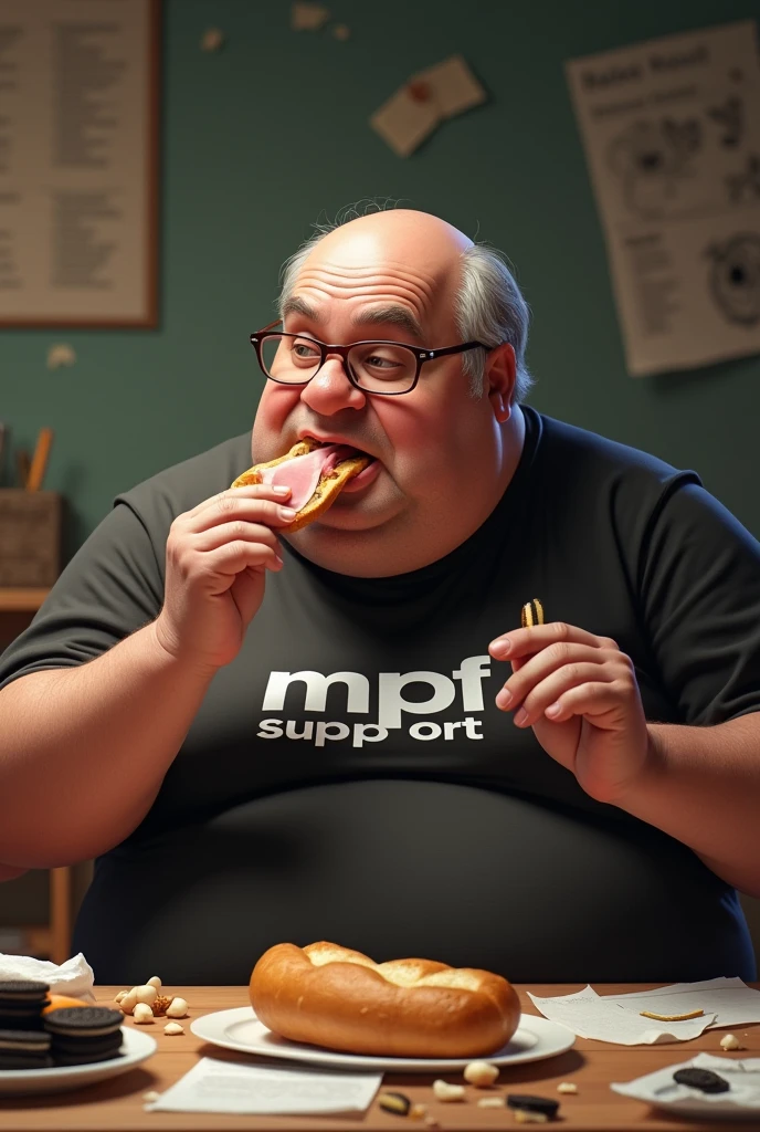 white male, aged 50, baldie, fatter, very pot-bellied, cheeky, wrinkled face, wearing glasses, eating baguette with ham, with Oreo cookies on a table, papers and crumbs on the table. Wearing a black shirt with writing "MPF SUPPORT".