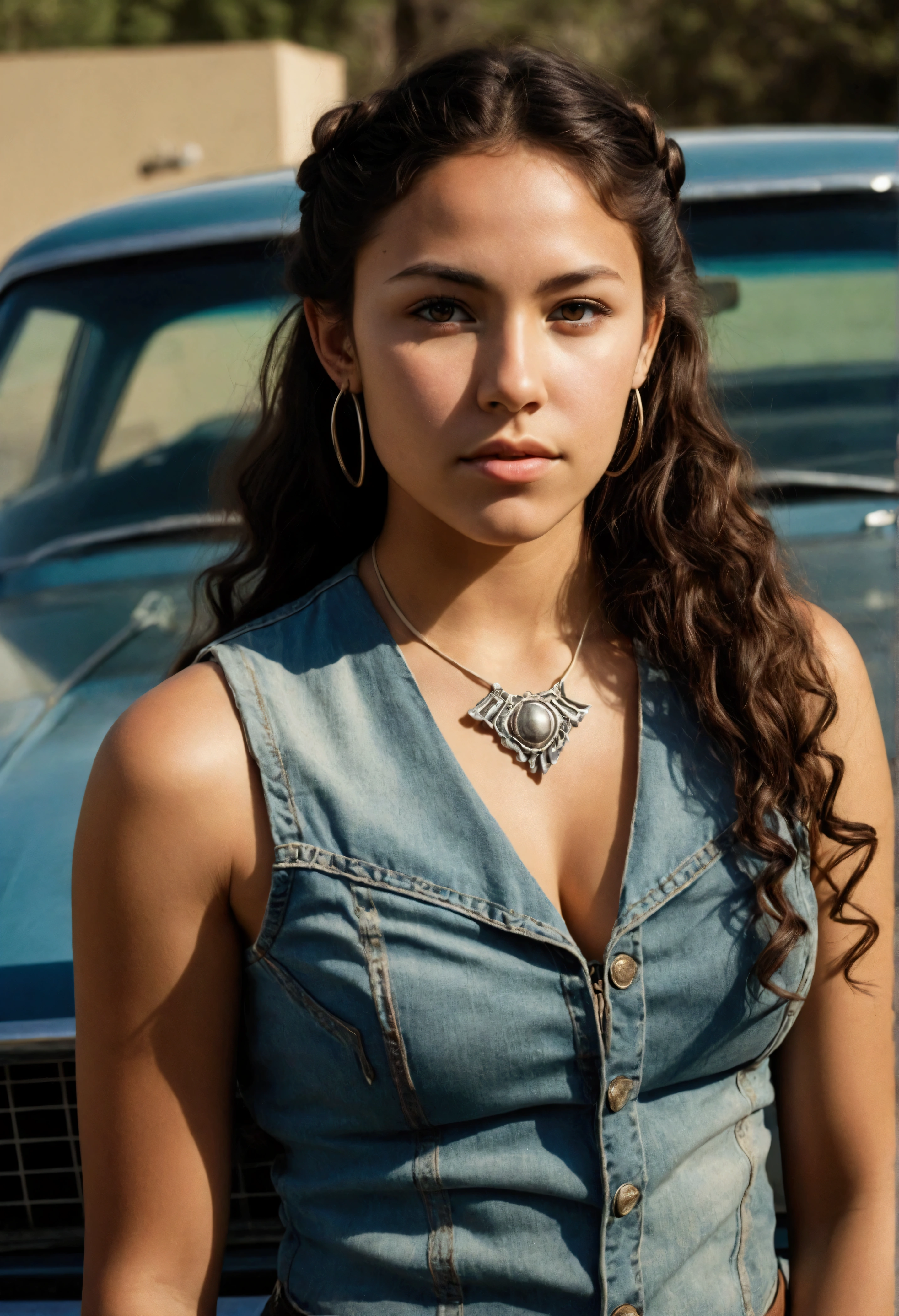 analog film photograph, photo of a modern Sioux woman, 18-years-old, long, amazonian stature, athletic, voluptuous hourglass figure, busty breasts, narrow waist, full wide hips, big round buttocks, wearing a buckskin vest and slim jeans, tan complexion, amber eyes, dark hair, long messy curls, posing in front of an old muscle car, RAW Photograph, dslr, soft lighting, high quality, film grain, Fujifilm XT3, detailed skin with visible pores, insane details, masterpiece, 8k, 35mm photograph, dslr, kodachrome, faded film, desaturated, grainy, vintage, Lomography, stained, highly detailed, found footage, close-up shot, elven ears