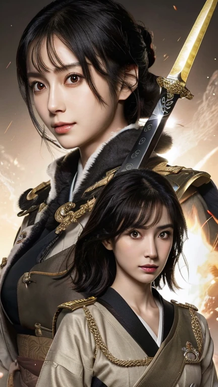 Japan, Sengoku period, beautiful girl, Japanese anime, black hair, short hair, slanted eyes, war genius, military strategist, sword style
