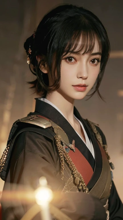 Japan, Sengoku period, beautiful girl, Japanese anime, black hair, short hair, slanted eyes, war genius, military strategist, sword style