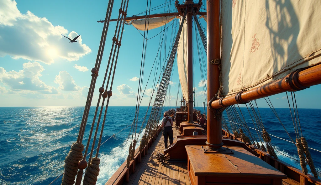 The deck of a sailing ship in the middle of the sea during the day