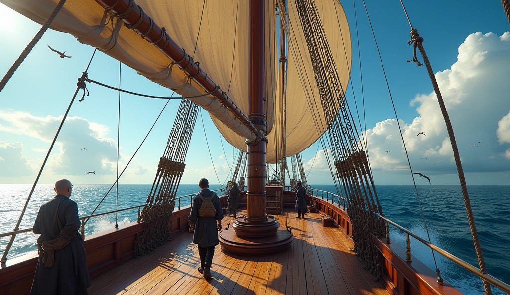 The deck of a sailing ship in the middle of the sea during the day