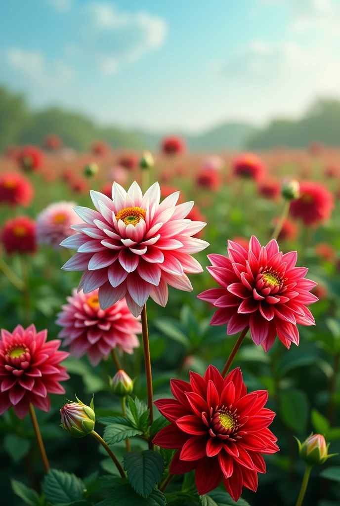 Hyperrealism field of natural dahlia flowers with the colors of the Mexican flag