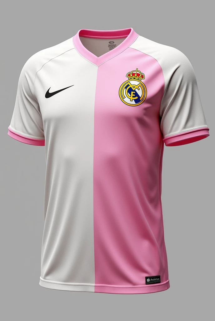 Create a 70&#39;s football shirt% white and a 30% Light pink and on the shirt includes logos like Nike or Adidas and that has a logo of a famous soccer team like Real Madrid and show me the front and back sides