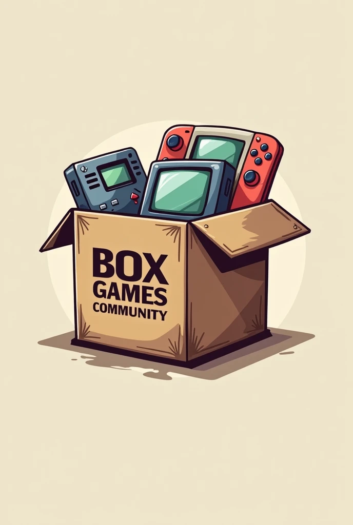 create a logo with electronic games inside a cardboard box with the words Box Games Community written on the box
