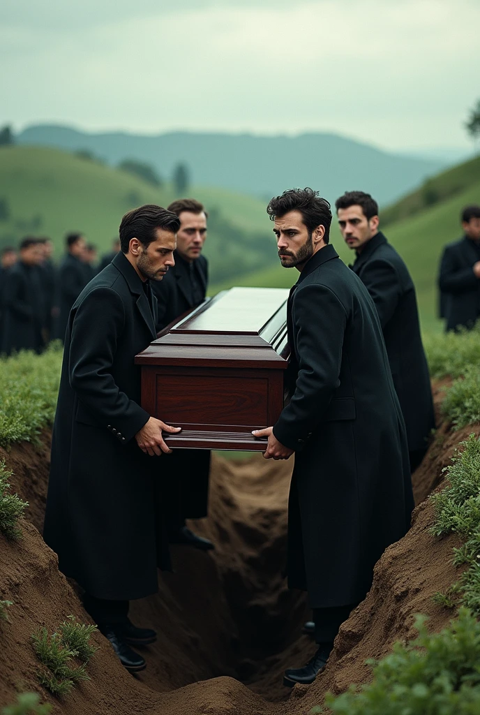 Four men carrying a  into a grave Image