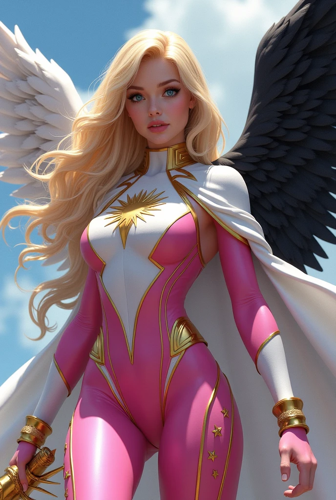 a superhero girl with blonde hair, blue eyes, who has powers of mind reading and telekinesis, she has wings and the ability to fly, one white wing and one black wing, and the power to turn into any animal. I need the powers to be highlighted.
I need his outfit to be a pink and white suit with black stars and a shiny sun cape and to have a golden sword. te falto el color negro y aparte hazlo mas animado que se le vean mas las alas. falto las ala blanca
