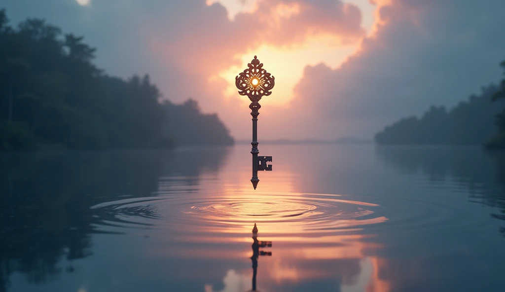 A mirror-like lake at dusk, with a single, ornate key suspended just above the water’s surface, as if floating in mid-air. The key glows with a soft, warm light, reflecting on the calm water and creating an air of mystery and romance, surrounded by the soft colors of the fading sunset, Dynamic pose, Strong contrast, Good depth of field, Masterpiece, Aesthetic Mystical illustration in realistic style, best quality, natural light, high res, highly detailed, All the colors and materials in this work are very harmoniously combine, Like the same color. Best quality. 8K Ultra HD. Clouds in the sky, bioluminescent nature