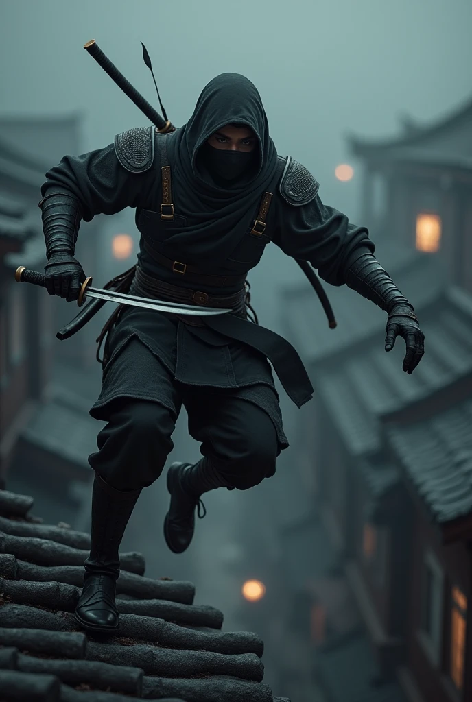 a ninja warrior, leather armour, leather shoulder pads, Ninja of course, a katana, jumping off a roof, dark environment, setting of feudal Japan