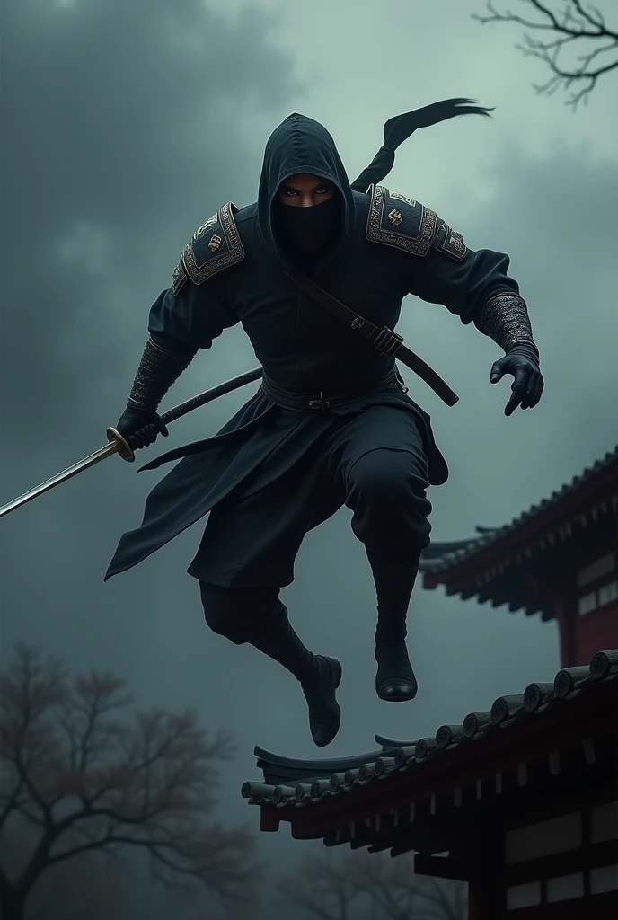 a ninja warrior, leather armour, leather shoulder pads, Ninja of course, a katana, jumping off a roof, dark environment, setting of feudal Japan