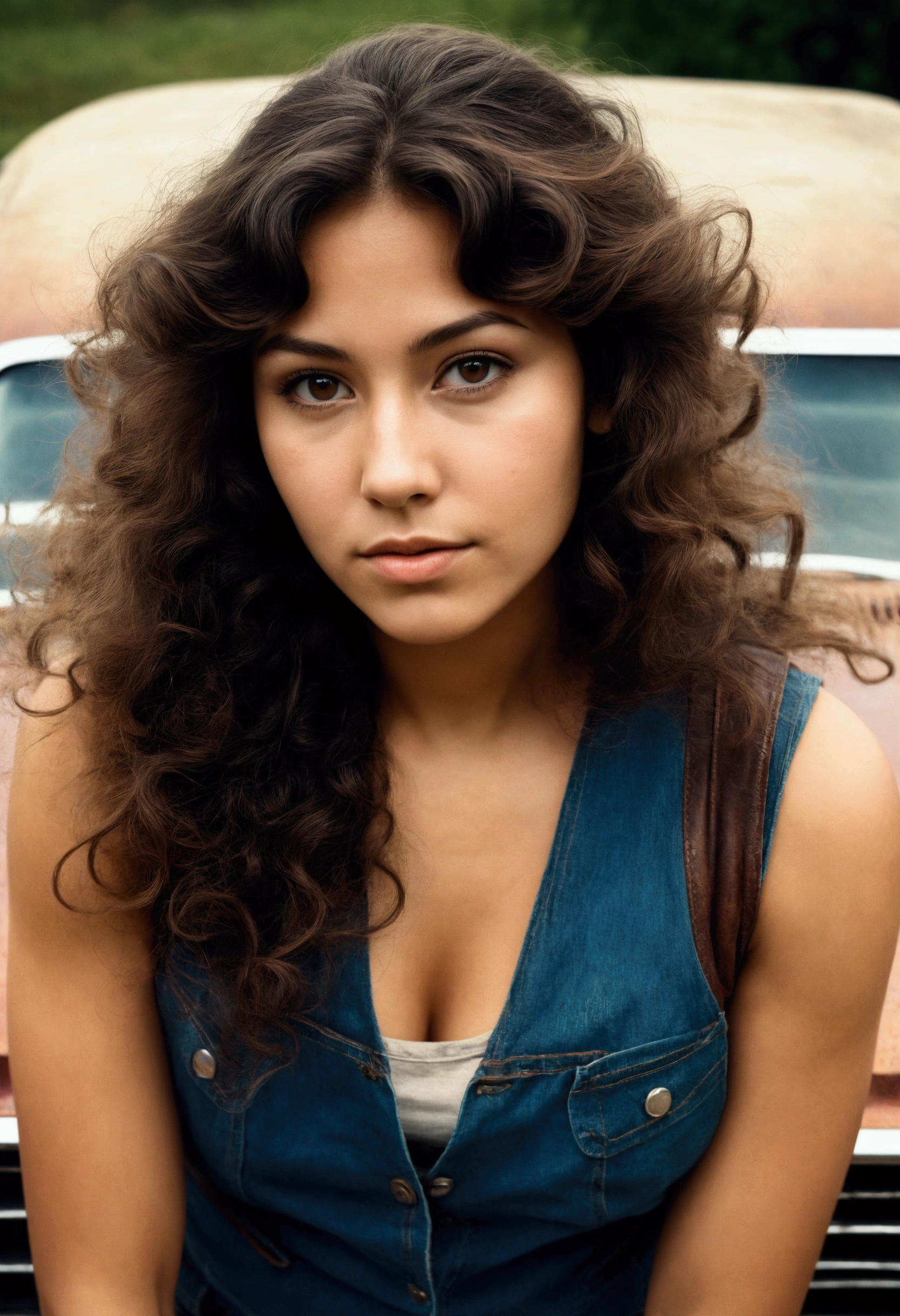 analog film photograph, photo of a modern Sioux woman, 18-years-old, long, amazonian stature, athletic, voluptuous hourglass figure, busty breasts, narrow waist, full wide hips, big round buttocks, wearing a buckskin vest and slim jeans, tan complexion, amber eyes, dark hair, long messy curls, posing in front of an old muscle car, RAW Photograph, dslr, soft lighting, high quality, film grain, Fujifilm XT3, detailed skin with visible pores, insane details, masterpiece, 8k, 35mm photograph, dslr, kodachrome, faded film, desaturated, grainy, vintage, Lomography, stained, highly detailed, found footage, close-up shot, elven ears