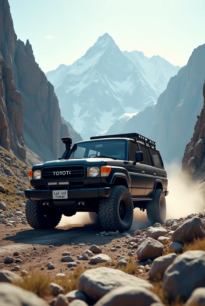 Black land cruiser with off road tyres in mountain