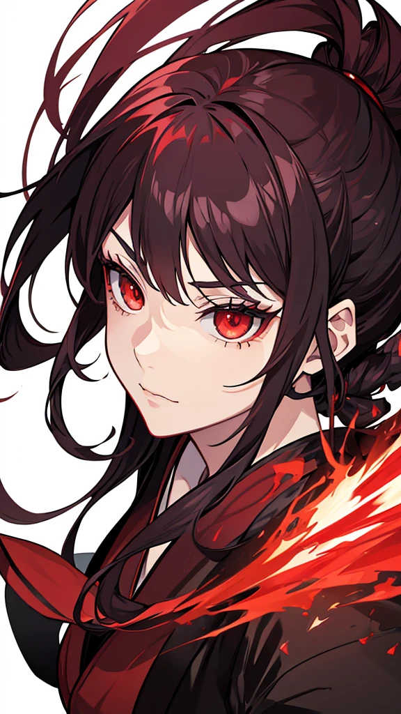 Cenamatic shot,anime,beautiful girl, red eyes, wavy black hair, red kimono,anime,realistic,demon slayer,kimetsu no yaiba