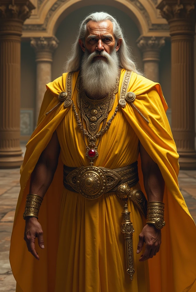 The image depicts a man with a beard and a golden robe, possibly resembling a deity or a religious figure. He is adorned with various jewelry, including a gold necklace with a red stone, a bracelet on each wrist, and another necklace with a pendant. The man is standing in a regal pose, exuding a sense of power and authority. The background suggests a temple or sacred space, adding to the aura of reverence surrounding the figure. The color palette consists of earthy tones like brown and gold, enhancing the overall majestic appearance of the scene.overall malayali