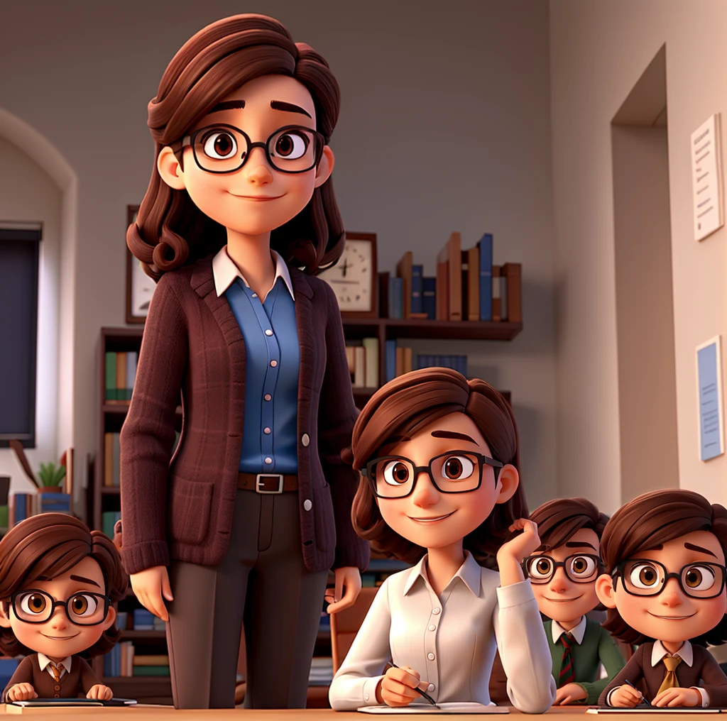 Professor with dark brown hair, glasses, 4 images with the same character in different positions and scenarios