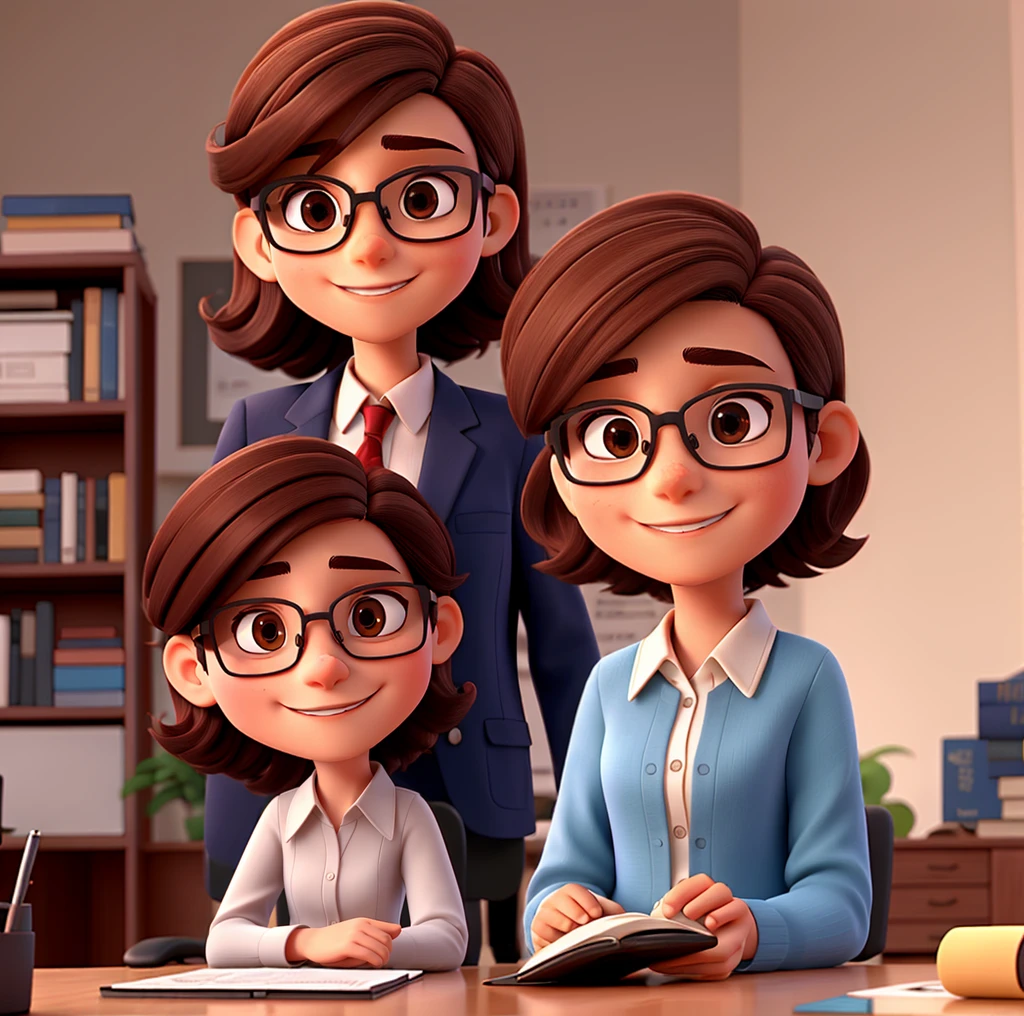 Professor with dark brown hair, glasses, 4 images with the same character in different positions and scenarios
