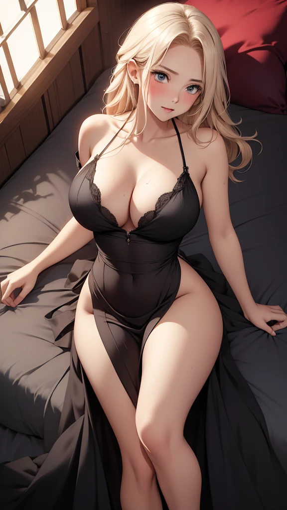 Young blond hair girl, perfect red flushed blushed shy face, laying on her back on a bed, mouth slightly open, aroused, short black silk nightgown v-neck, open legs, hand between legs, full body view from above, perky breasts, cleavage, sweaty, hot, flustered, gorgeous, perfect face, highly detailed, slender waist, 