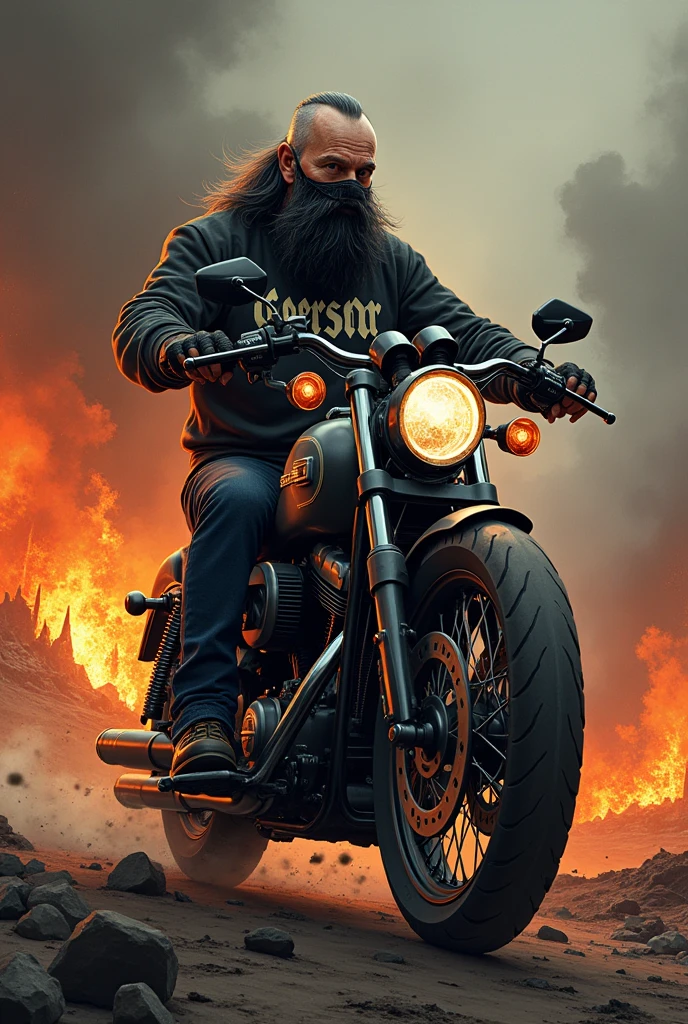 Old metalhead, with a sweatshirt with the name Gerson in blackmetal style letters, in a landscape of destruction and war in hell with lots of fire, megadeth style illustration, Medium long black hair shaved viking style viking style haircut age 60 years old call of duty ghost mask on motorcycle ghost rider style long hair and mask