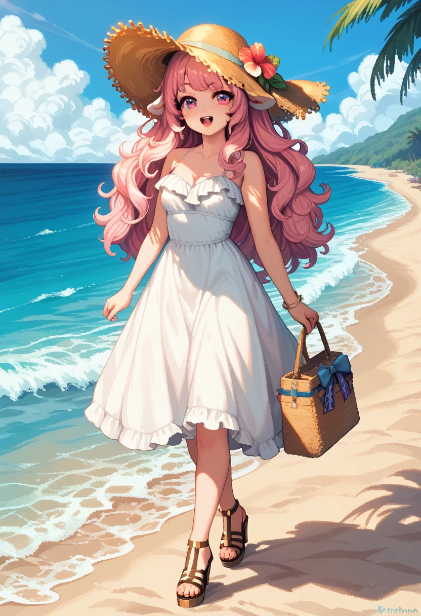 masterpiece, Highest quality, 8k, \(Beautiful pixel art, Vivid, Highest quality\), \((One person)), (young woman, Open your mouth, Fluffy hair, Long Hair, Hair like sheep's hair, Pink Hair, eyebrow, 太いeyebrow, White dress, Straw hat, High heel sandals\), (Highest quality:1.0), (\Seaside, Walking on the beach, evening\), 1 sheep