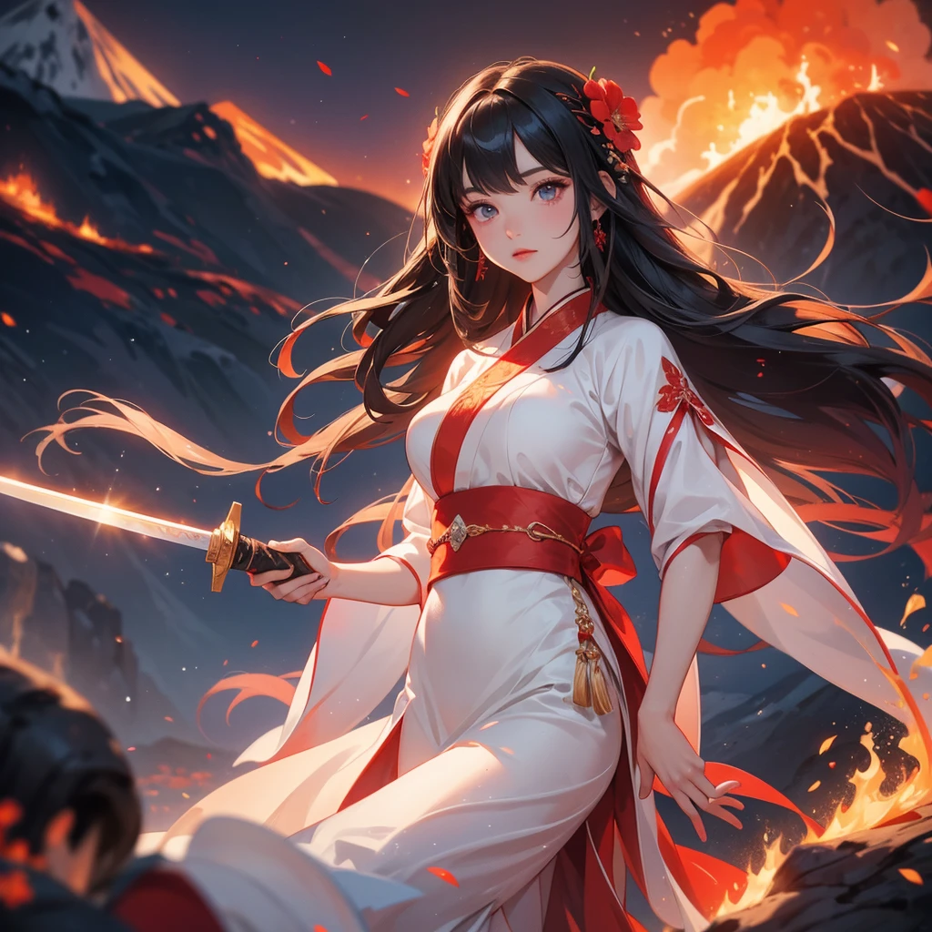 A beautiful female in white hanfu dress holding a big and long sword in the middle of Background is a volcano, lava erupting red, close up.