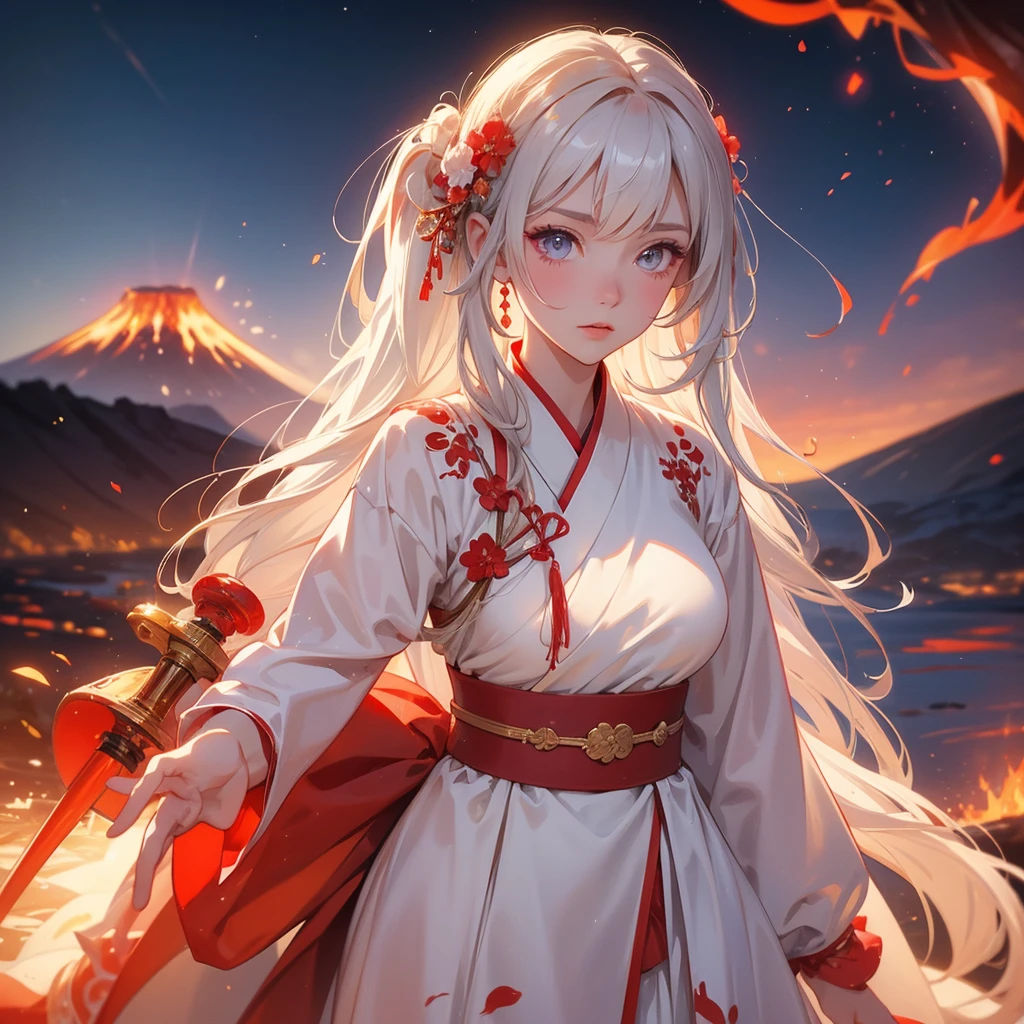 A beautiful female in white hanfu dress holding a big and long sword in the middle of Background is a volcano, lava erupting red, close up.