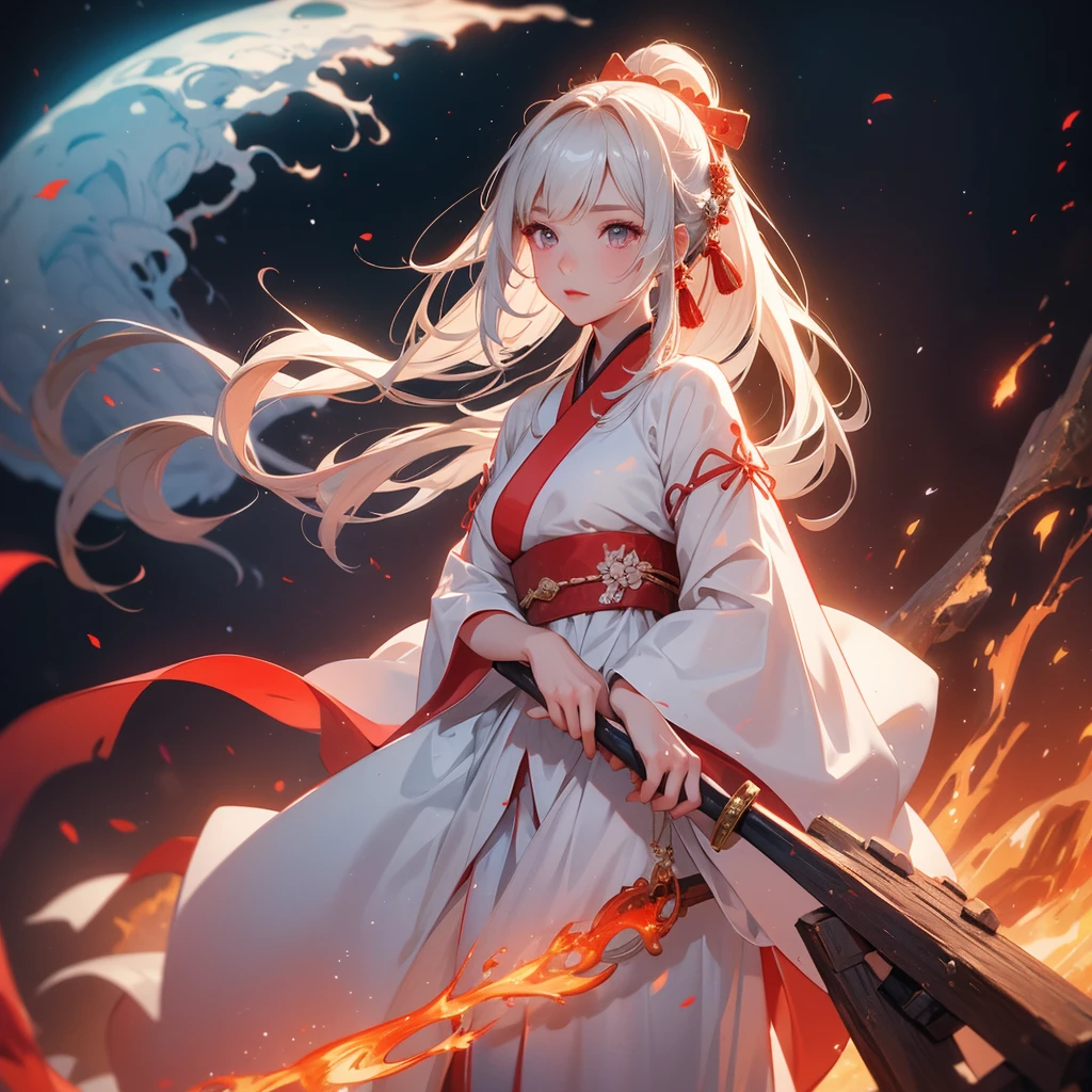 A beautiful female in white hanfu dress holding a big and long sword in the middle of Background is a volcano, lava erupting red, close up.