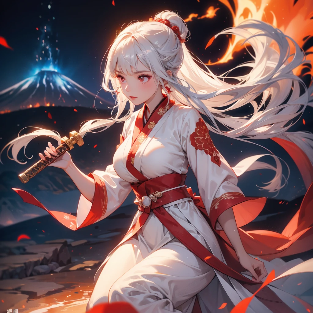 A beautiful female in white hanfu dress holding a big and long sword in the middle of Background is a volcano, lava erupting red, close up.