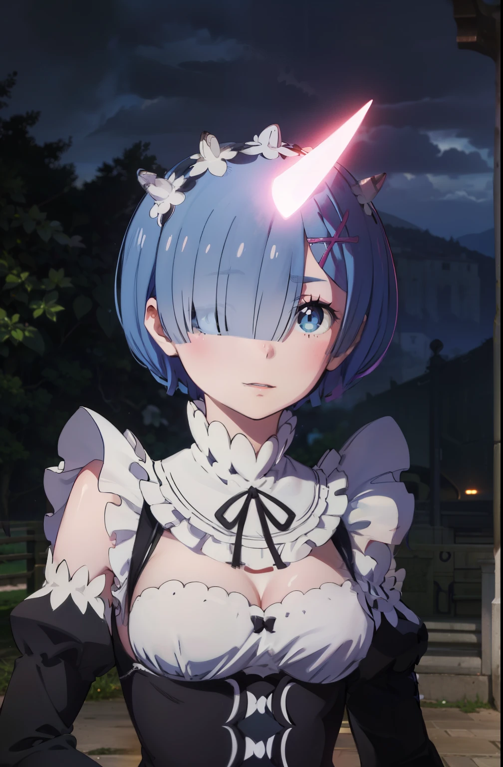 (4k,8k,best quality, masterpiece:1.2), ultra-detailed, realistic, realism, perfect face, perfect nose, detailed hair, detailed eyes, detailed lips, realistic colors, studio lightning, (((cowboy shot))), small mouth, looking at viewer, glare, disdain, smile, confident pose, mature woman, blue eyes, blue hair, ((hair over one eye)), short hair, ((rem)), looking at viewer, big breasts, 20yo woman, glowing eyes, roswaal mansion maid uniform, ((forehead blue horn)), one horn, blue oni, demon, spiritual world