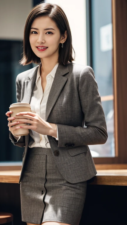 (8k, RAW photos, best quality, masterpiece: 1.2), (realistic, photorealistic: 1.37), photon mapping, radio city, shirt, Gray Business Suit Skirt, Silk Suit, slim, Inside the coffee shop, A cup of coffee, A little smile