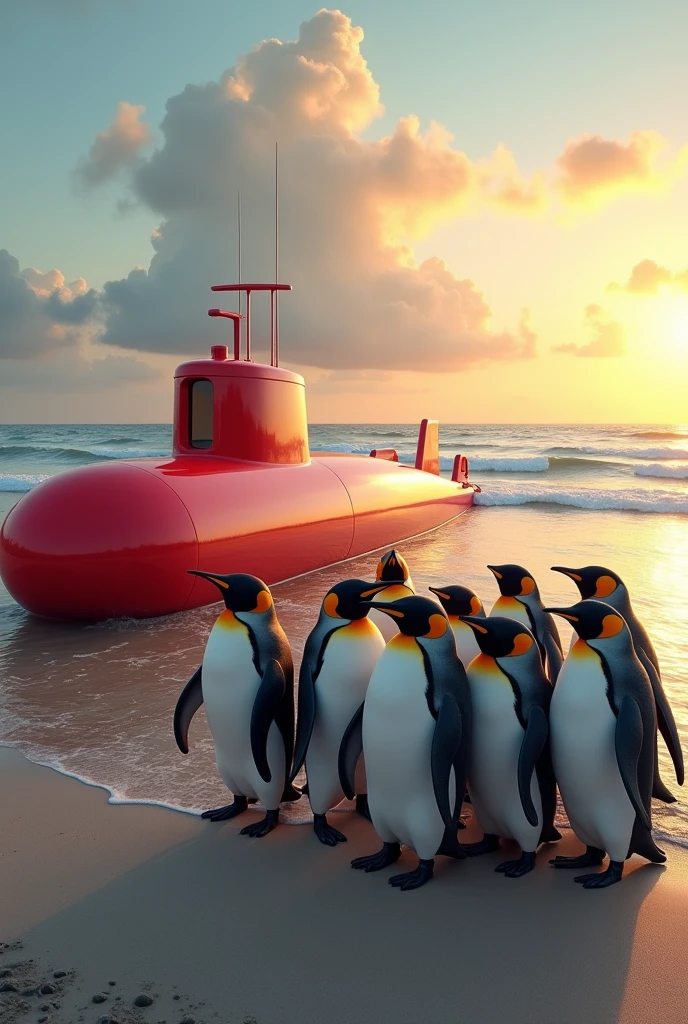 penguins ending their vacation on the sad beach and embarking again on their red submarine