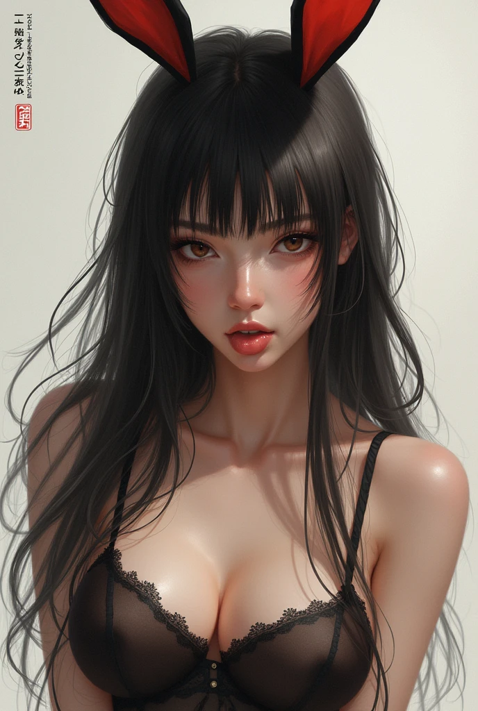 Long Hair, chest, bangs, tongue, tongueを出す, Bunny ears, Erotic